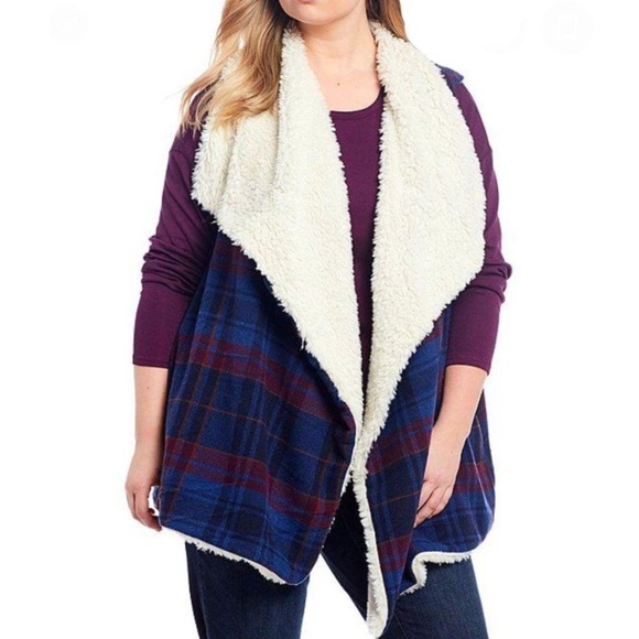 Wrap Coat Reversible Blue Plaid Sherpa Fleece Lined - Picture 1 of 14